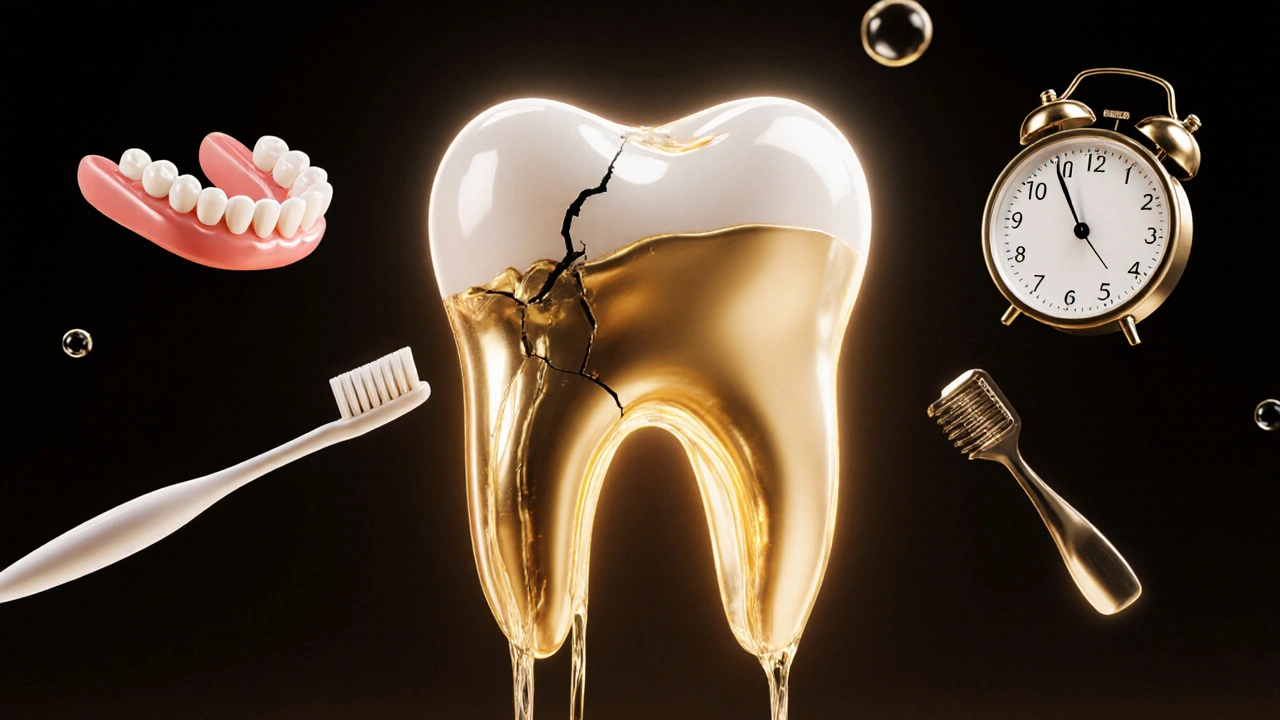Abstraktní znázornění zubu, který se samoopravuje zlatým materiálem, symbolizující rychlou reakci.