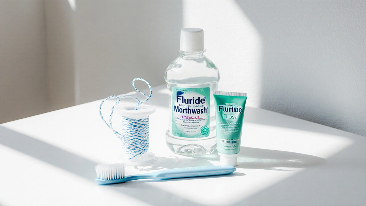 Interdentalová kartáč, nit, ústní voda a fluoridový gel na bílém podkladu.