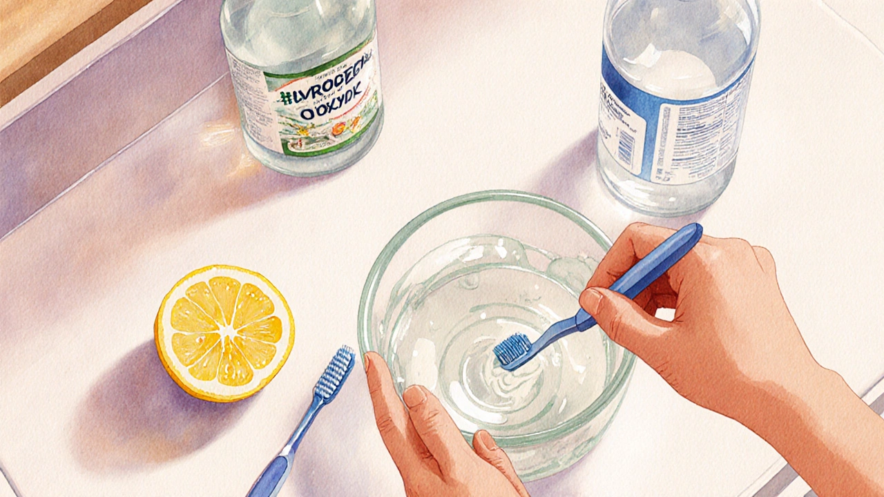 Kuchyňské ingredience – ocet, citron a peroxid – připravené k domácí péči o zuby.