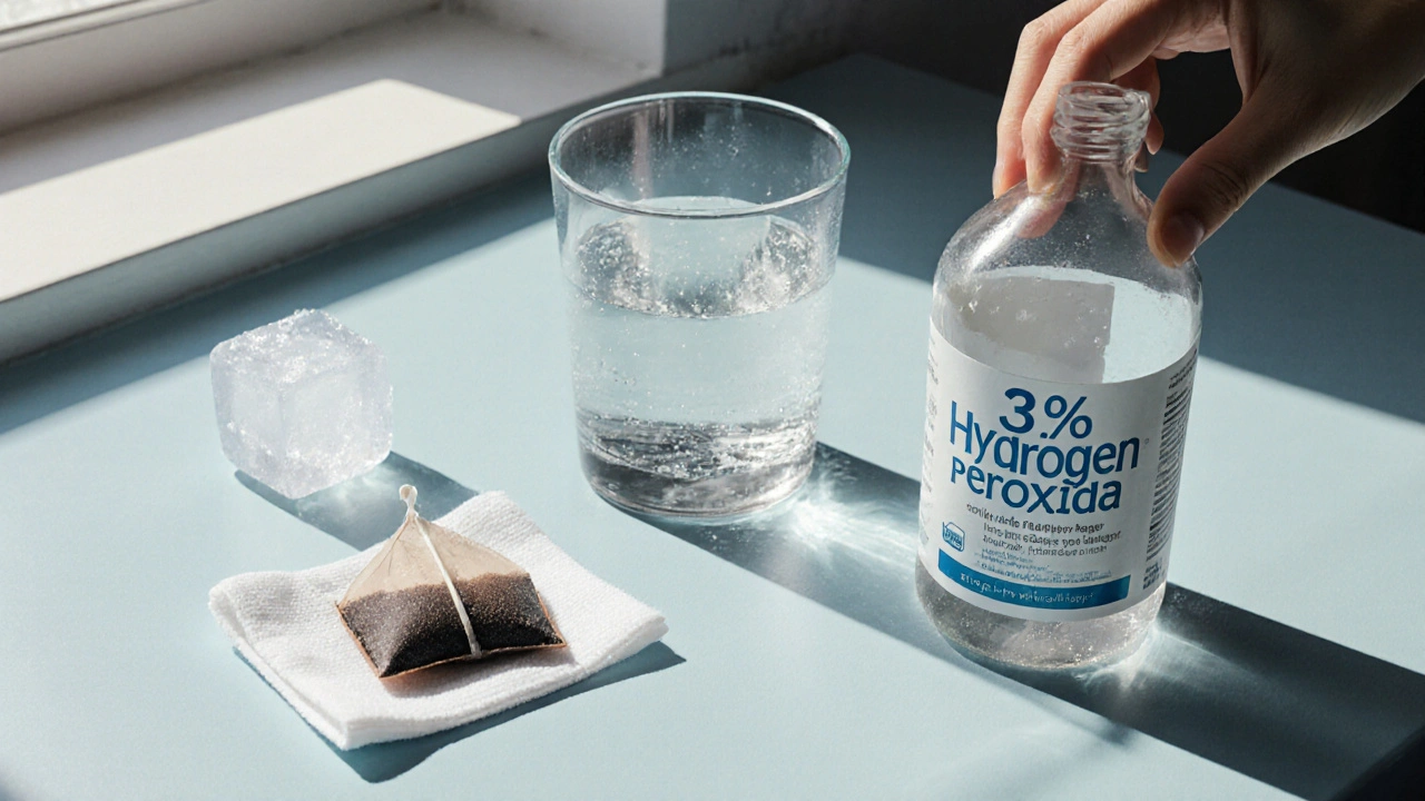 Makro pohled na led, čajový sáček a peroxid vodíku jako domácí úlevy.