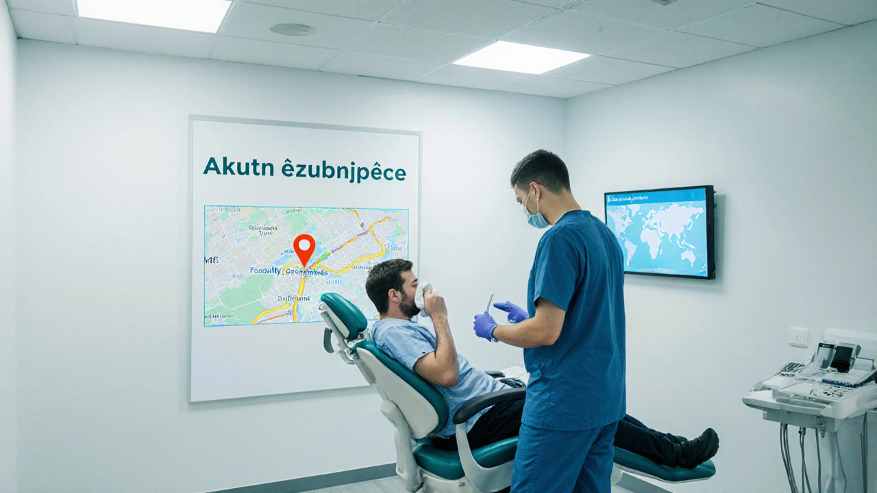 Moderní pohotovostní klinika v Brně, pacient s chladivým obkladem a zubní lékař.