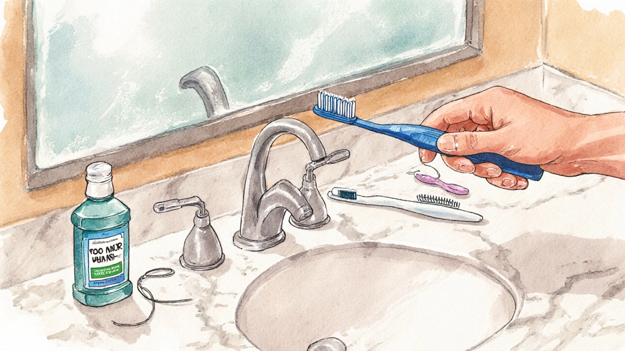 Osoba čistí zuby měkkým kartáčkem, mezizubním kartáčkem a dentálním vláknem v koupelně.