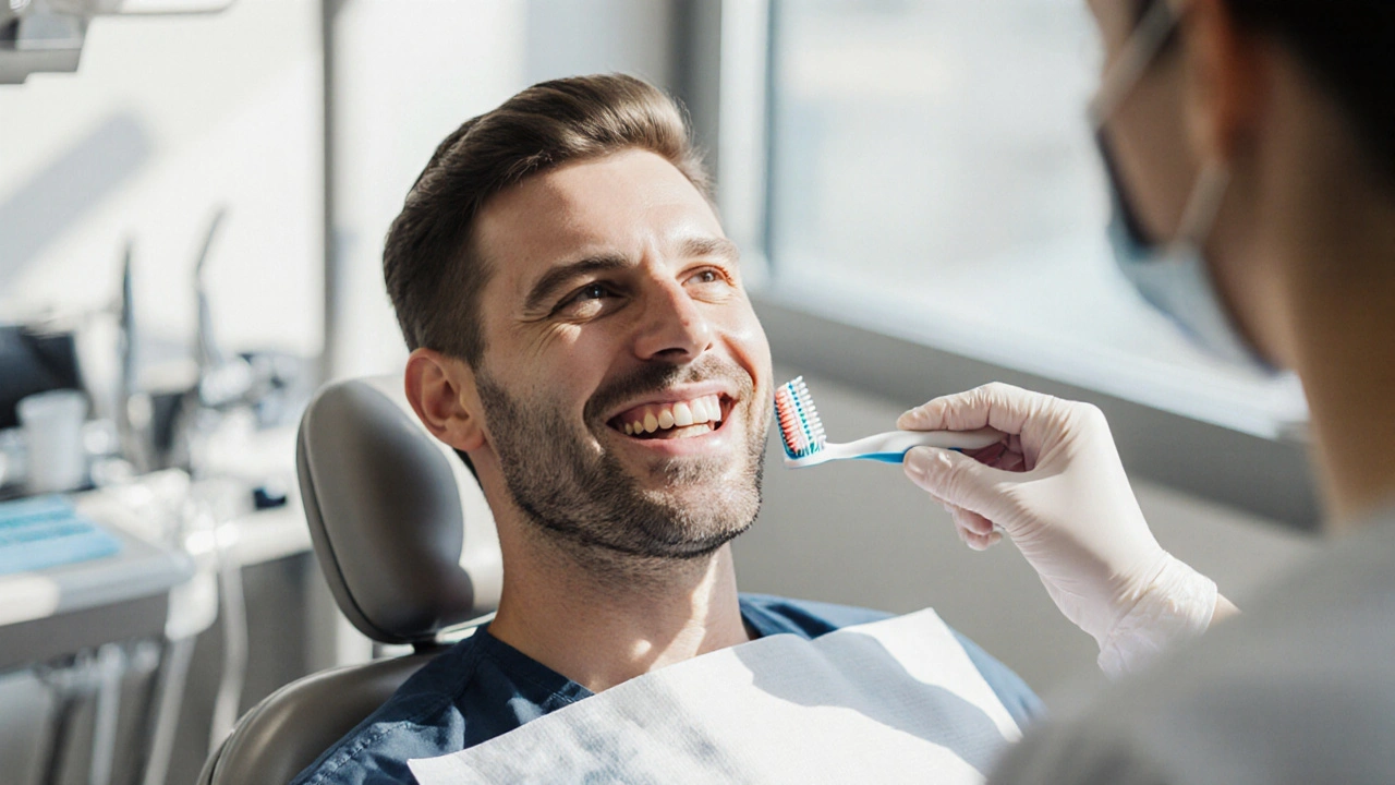 Pacient s úsměvem kontroluje implantát u zubního lékaře, při pravidelné ústní hygieně.