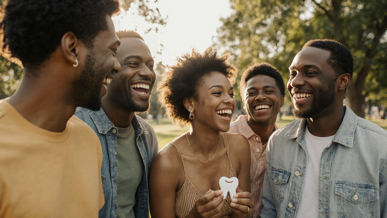 Skupina lidí se smíchem a diastemou, stojící v slunečném parku.