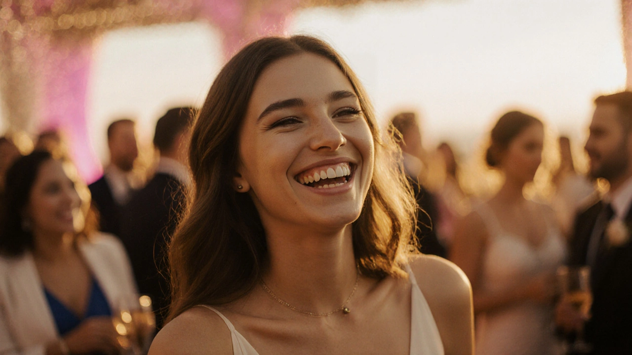 Šťastná žena s dokonalým úsměvem na svatební oslavě.