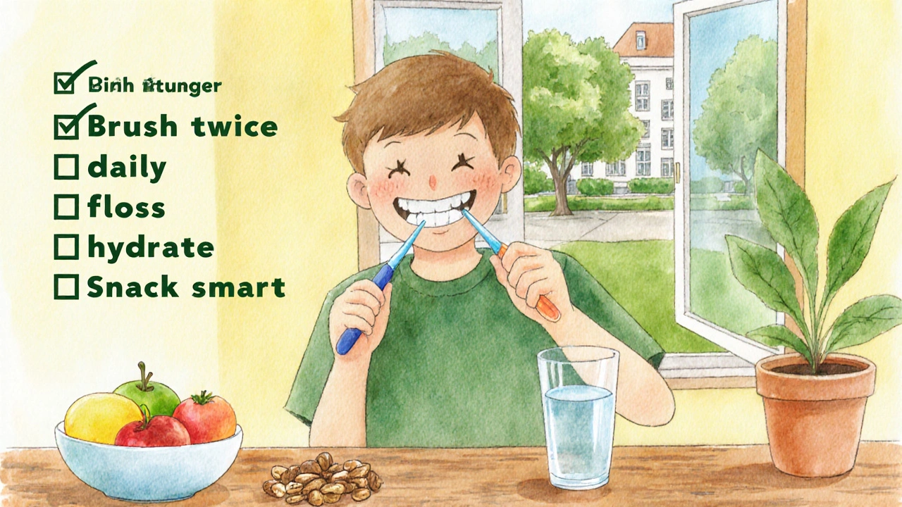 Student si čistí přední zuby a pije vodu v osvětleném break‑zóně.