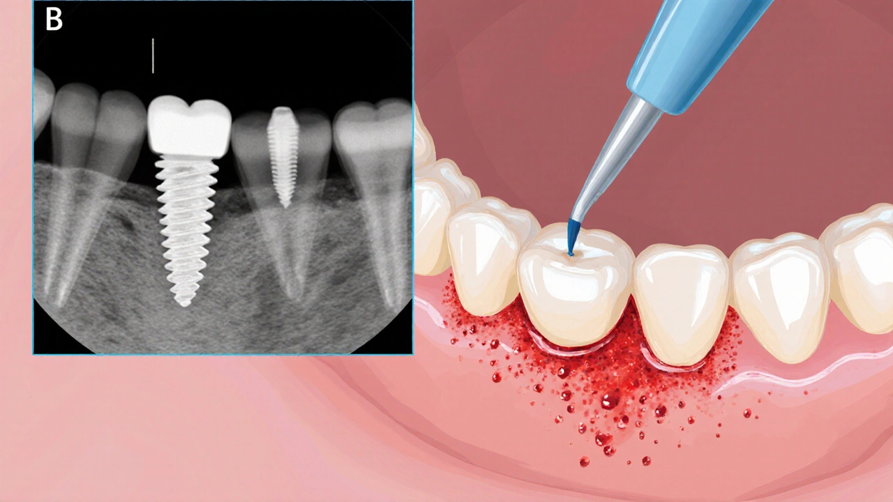 Zánět dásní kolem implantátu s krvácením a rentgenový snímek ukazující úbytek kosti.
