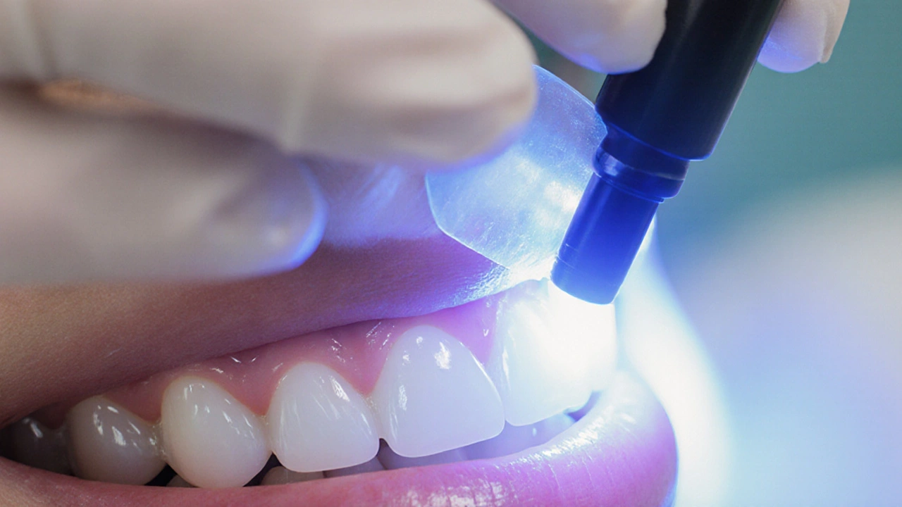 Zubař připevňuje keramickou fazetu na zub pod LED světlem.