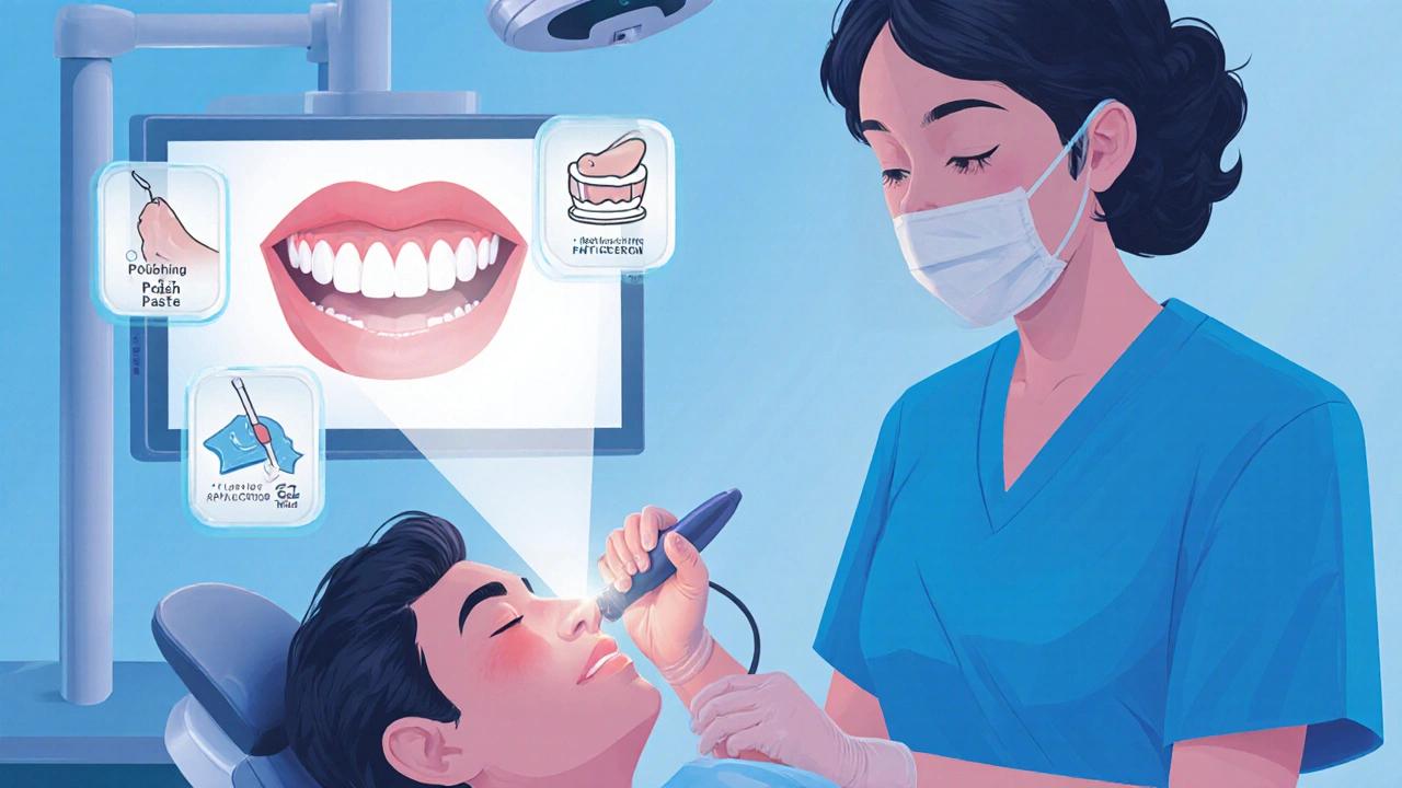 Zubní hygienička používá ultrazvukový scaler, viditelné nástroje a ikony pasty a fluoridu.