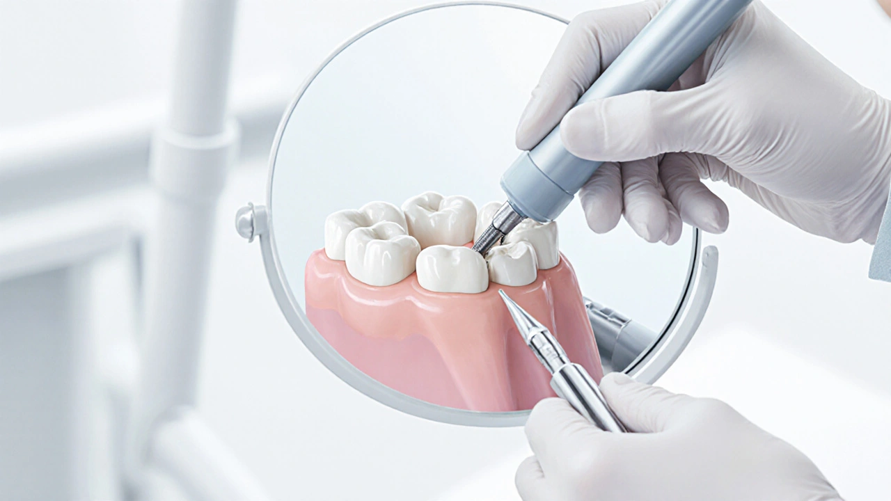 Zubní lékař opravuje zlomený zub kompozitním materiálem pomocí curing světla.