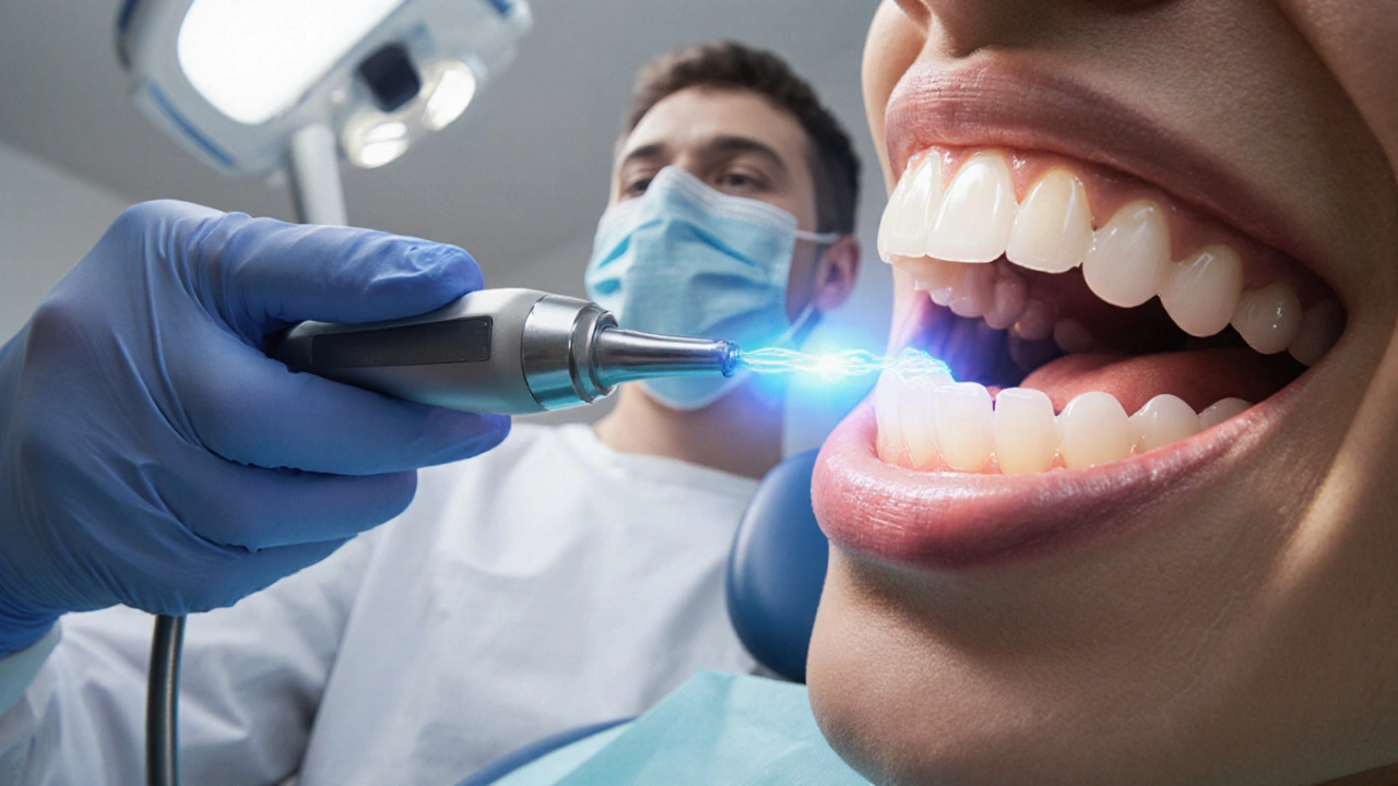 Zubní lékař používá ultrazvukový scaler na dásní, po ošetření lesklé a čisté zuby.