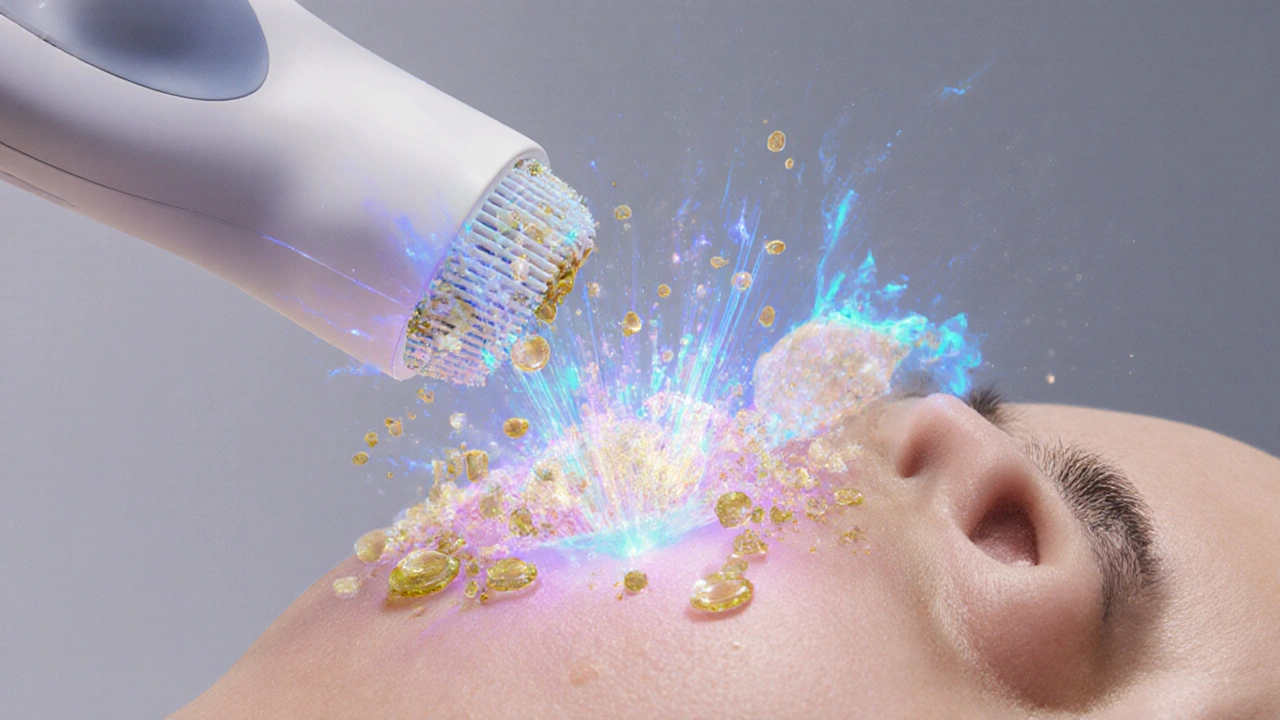 Abstraktní znázornění vln vibrací rozkládajících nečistoty na pokožce.