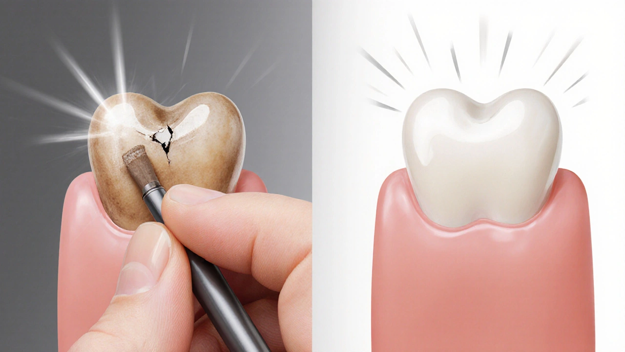 Before and after transformation of a stained, chipped tooth into a natural-looking composite restoration.