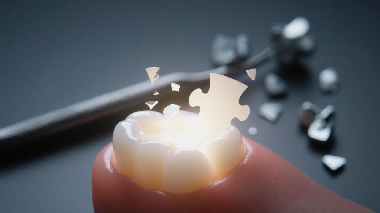 Bílá plomba jako dokonale zapadající kousek skládačky v přirozeném zubu.