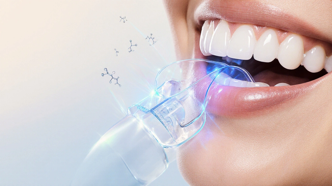Blízký pohled na zuby s bělicím gelem a jemným LED světlem aktivujícím účinek.