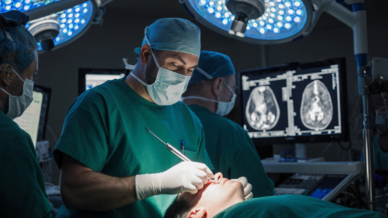 Chirurg provádí rekonstrukci čelisti v operační sále s týmem a monitorováním.