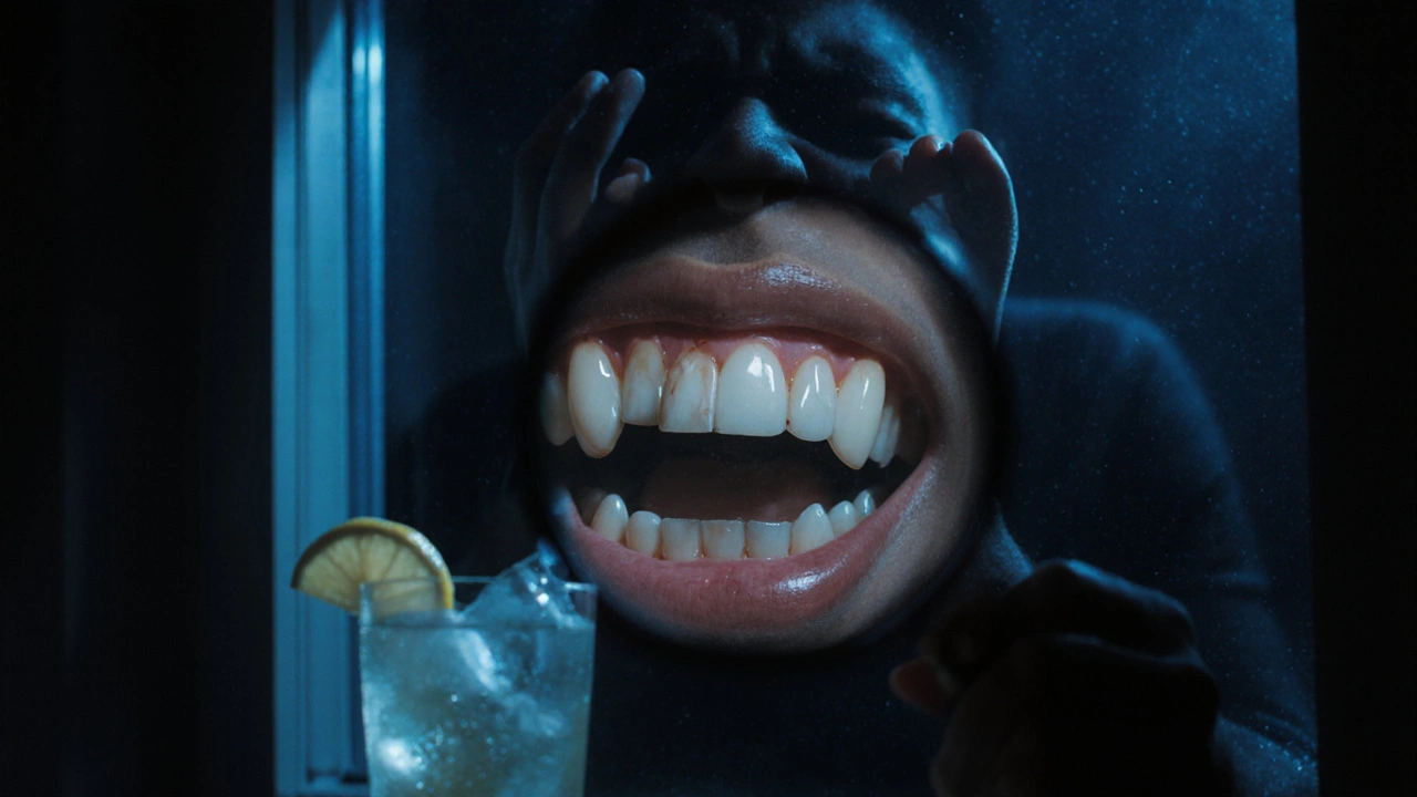 Člověk drží ruku k obličeji, viditelná trhlina v předním zubu pod chladným světlem.