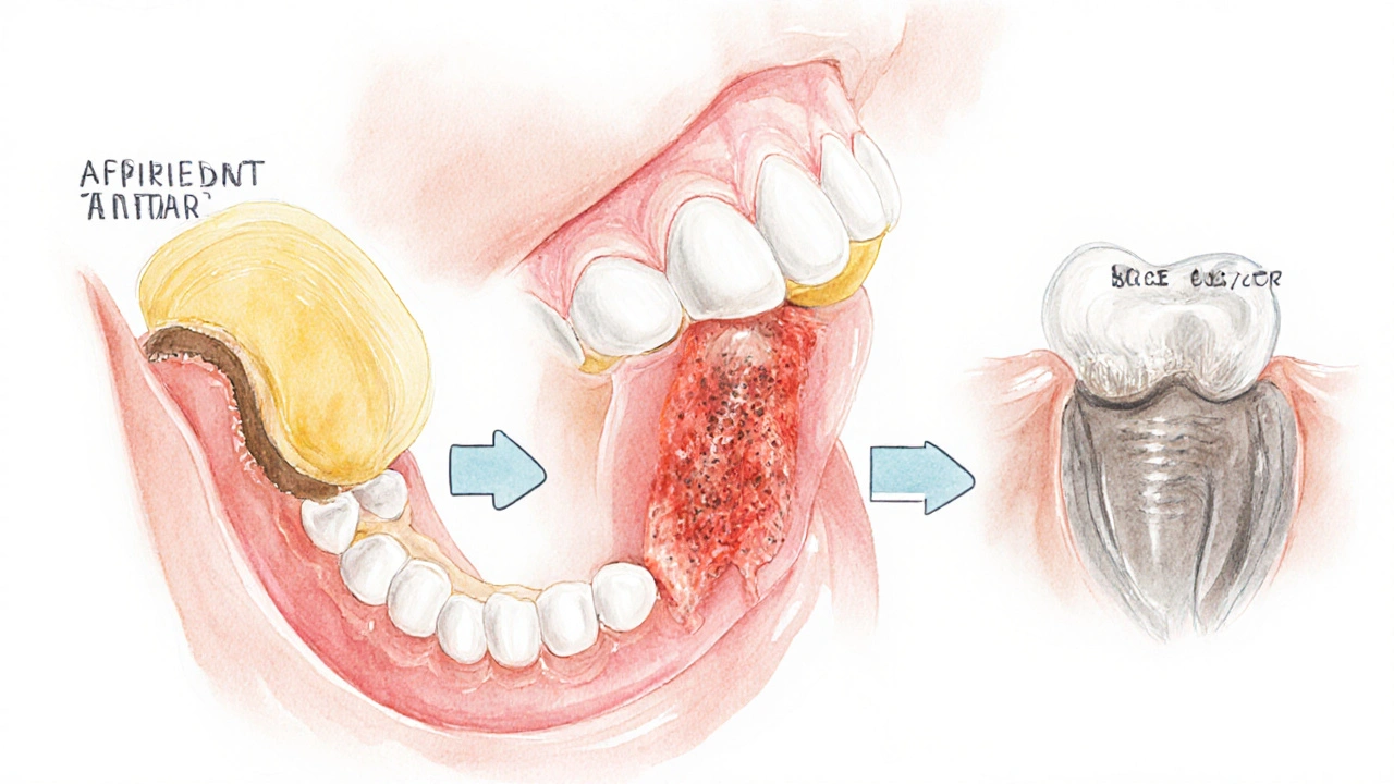 Cross-section of a tooth showing plaque, tartar, and bone loss beneath gums.