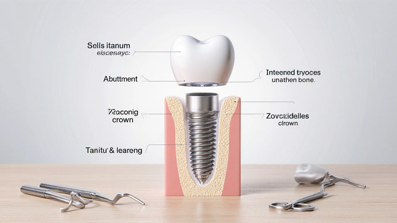 Cross-section of dental implant components: screw, abutment and zirconia crown