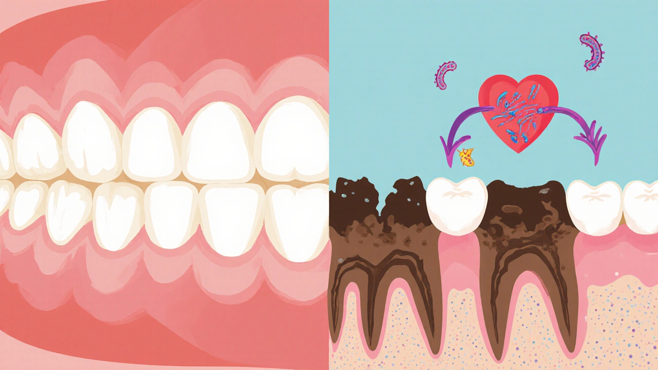 Cross-section of healthy and diseased gums showing bone loss and bacteria spreading to the body.