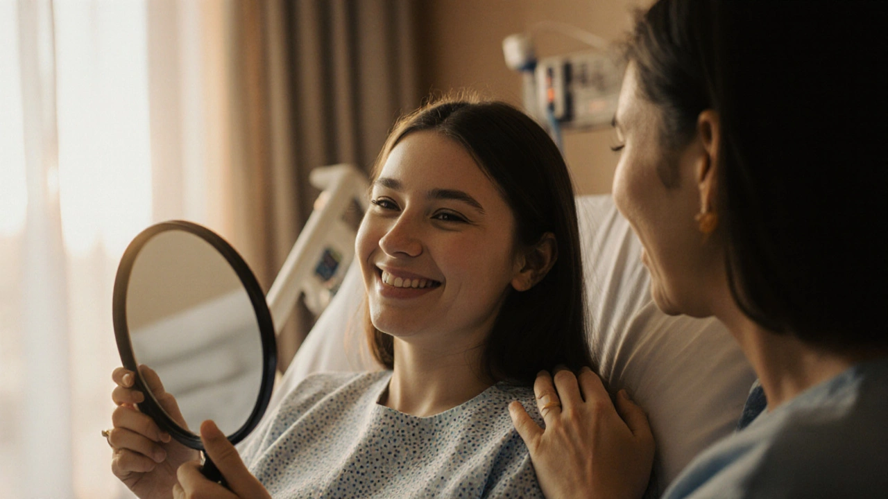Dívka se usmívá do zrcadla po operaci rozštěpu patra, matka ji objímá.