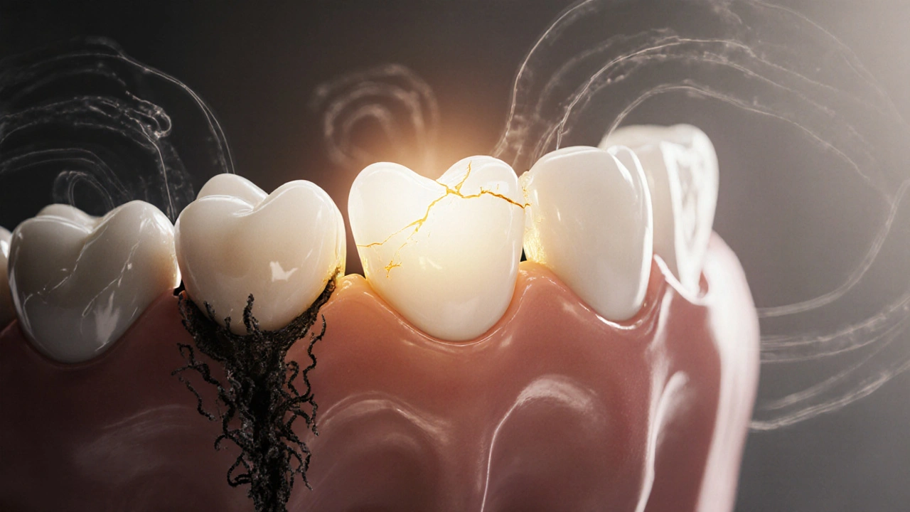 Dokonale vyrobená korunka svítí v čelisti, zatímco poškozená je obklopena bakteriemi.