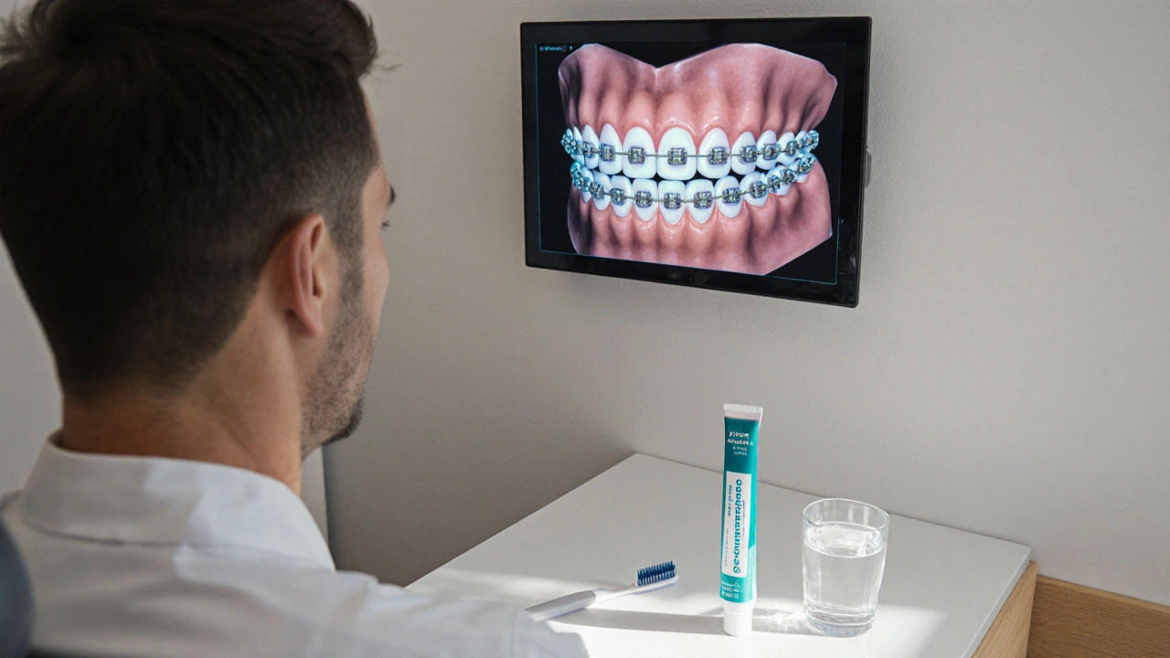 Dospělý pacient s fixními rovnátky na vyšetření v zubní klinice