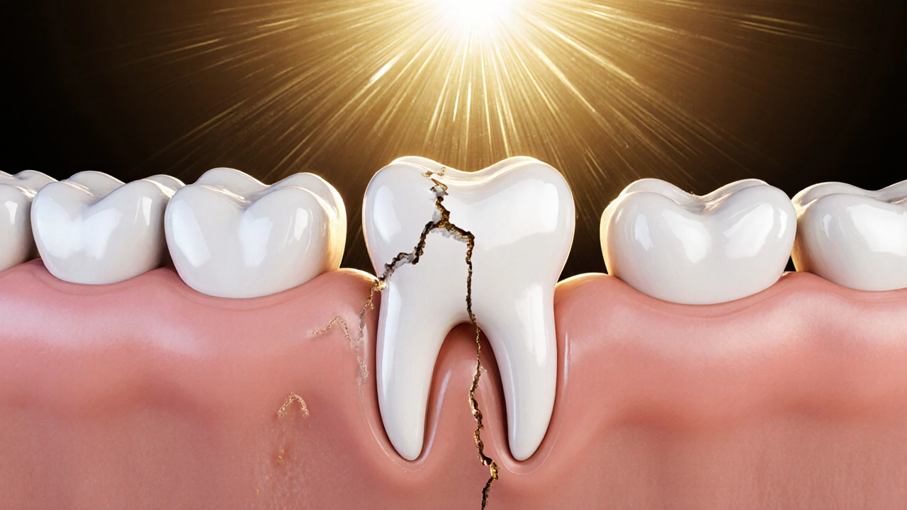 Dva pohledy na umrtvený zub: křehký bez korunky a chráněný korunkou v čelisti.