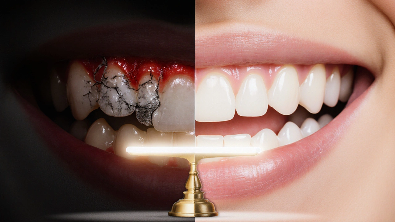 Dvě strany zubů: poškozené vs. zdravé a bělené po použití kvalitního produktu.