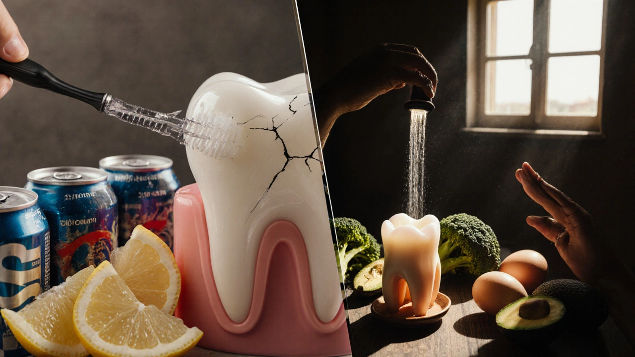 Dvě strany zubu: poškozený vlevo, zpevněný vpravo s výživou a sluncem