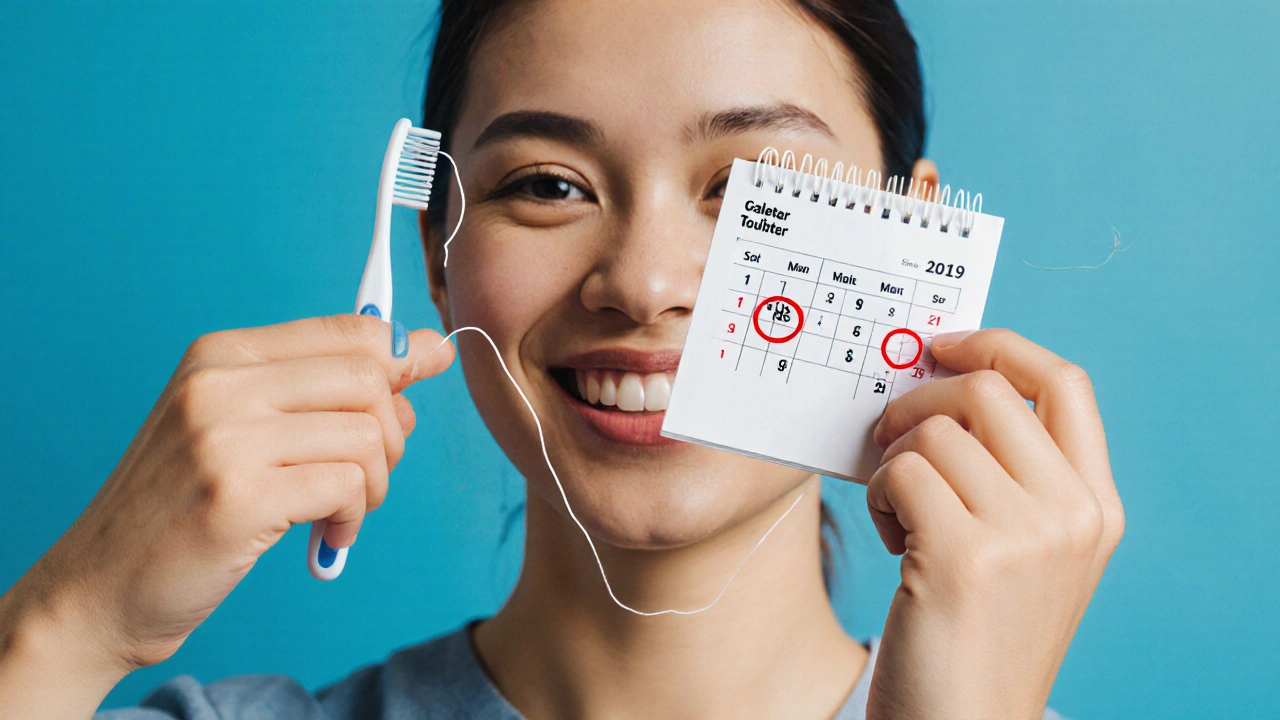 Hands holding toothbrush and floss beside a calendar marked for two dental visits per year.