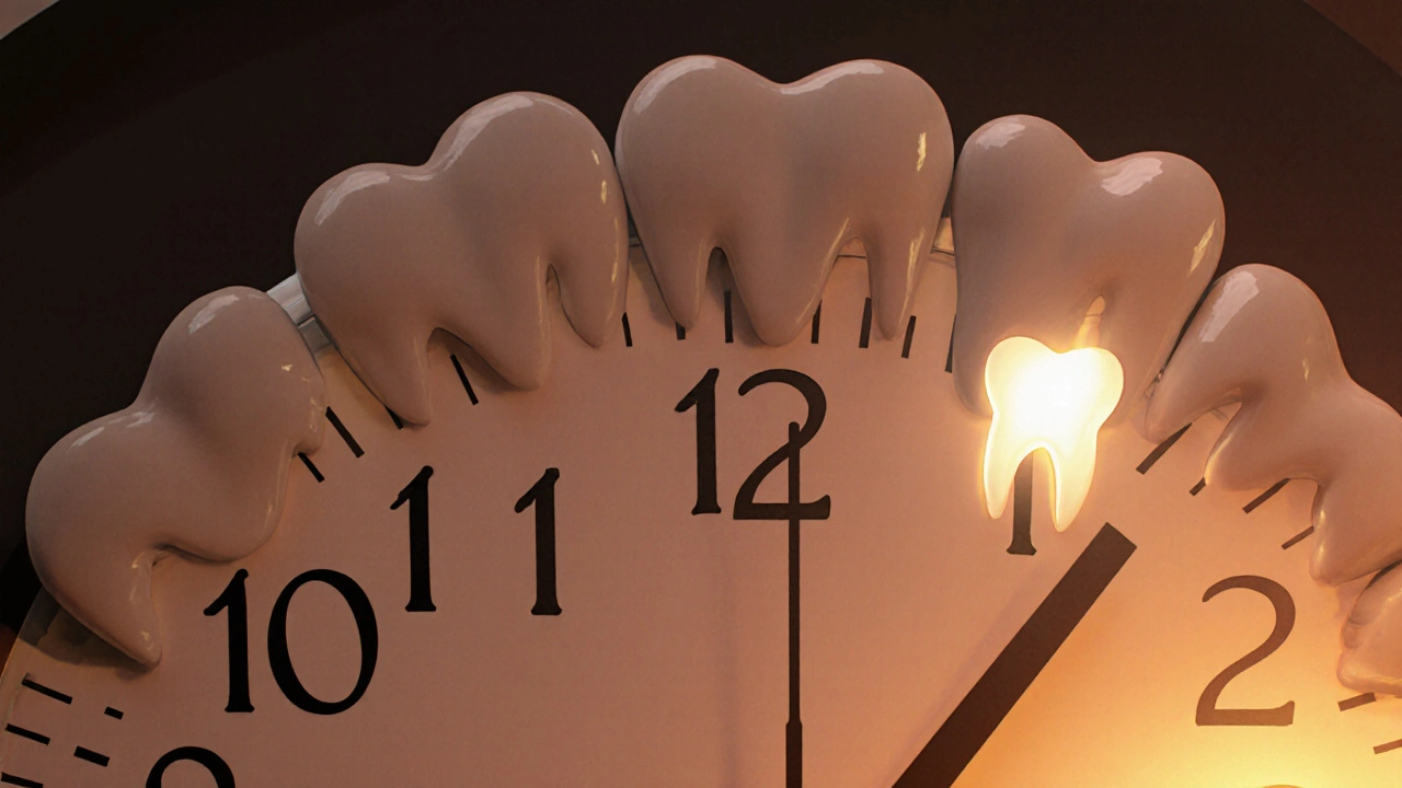 Hodiny s zuby namísto čísel, symbolizující postupné zanedbávání zubního zdraví.