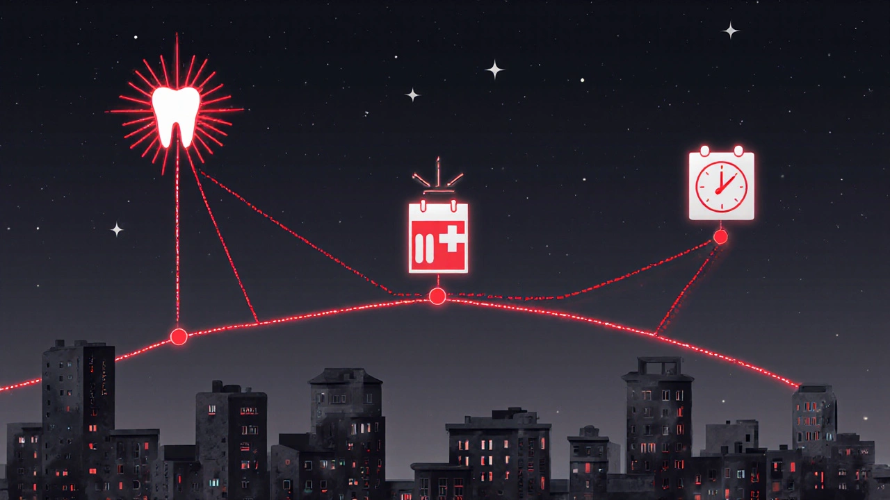 Kartografický náčrt spojující tři zubní kliniky v Praze červenými linkami jako nouzovou cestu pro pacienty.