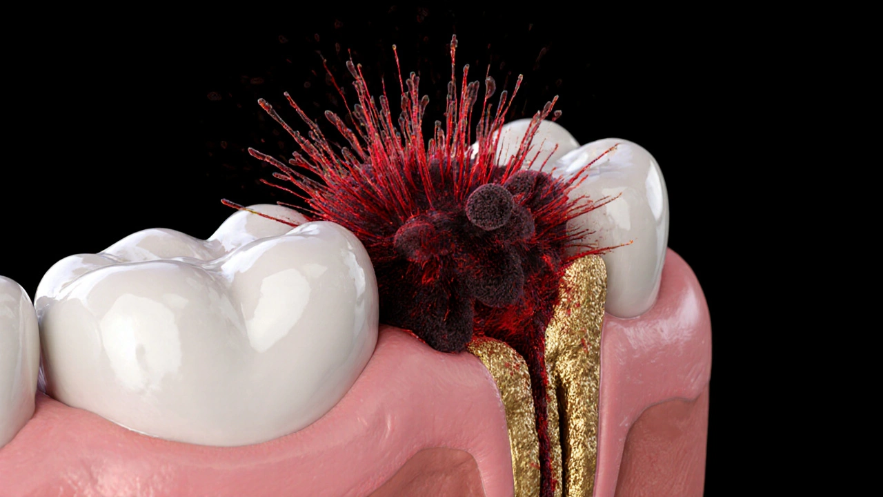 Mikroskopický pohled na bakterie šířící se z kořene zubu do kosti.