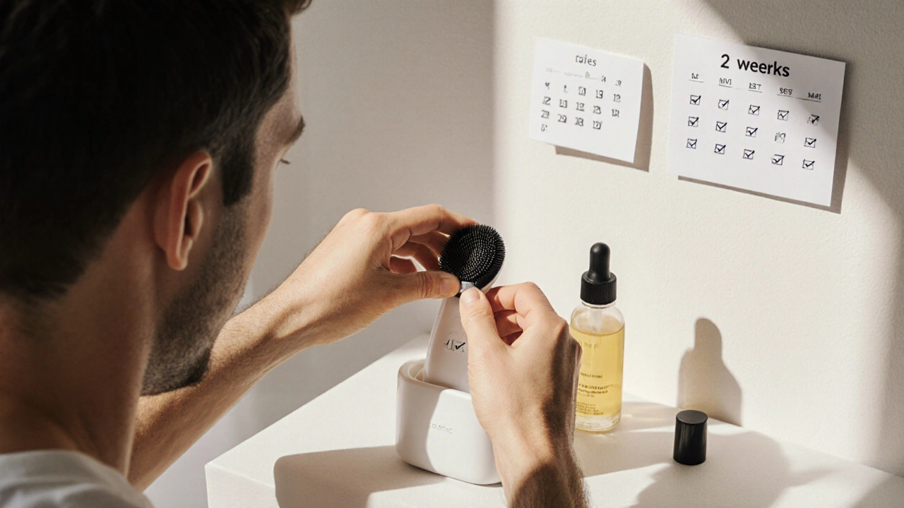 Nová hlavička kartáčku na stole vedle zařízení s denní péčí o pleť.