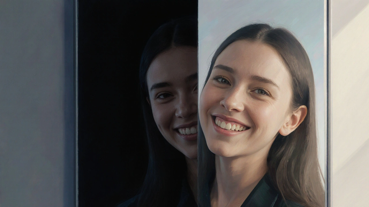 Odraz člověka v zrcadle ukazuje přechod od úzkosti k sebevědomí.