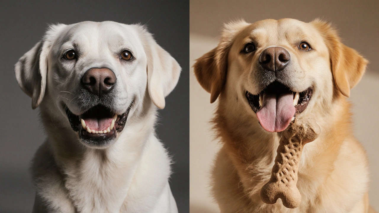 Pes před a po léčbě zubů: z neklidného k šťastnému a aktivnímu.