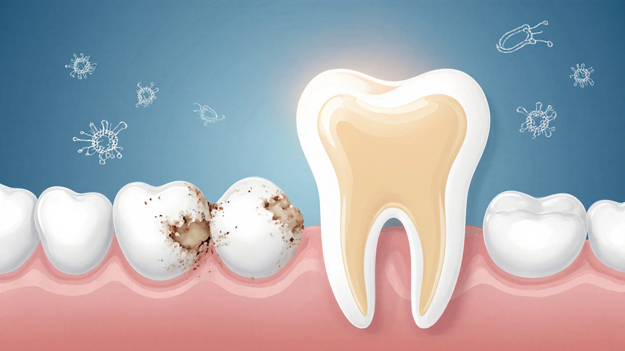 Přechod od poškozeného zubu s infekcí k zdravému zubu s fazetou.