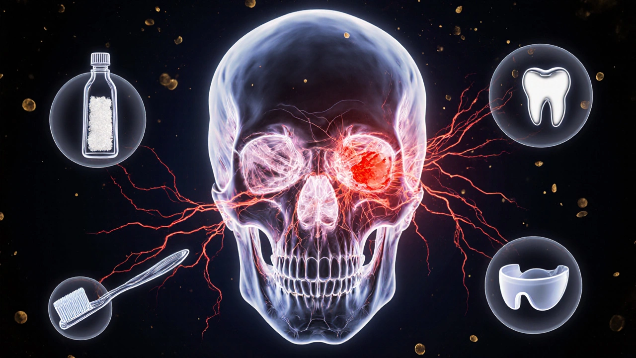 Přehled lidské lebky s infekčními čarami šířícími se z poškozeného předního zubu.