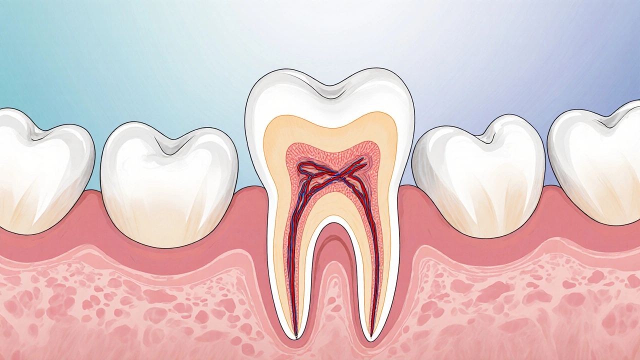 Příčný řez horní čelistí s porovnáním délek kořenů zubů, zvýrazňující dlouhý kořen kličkového zubu.