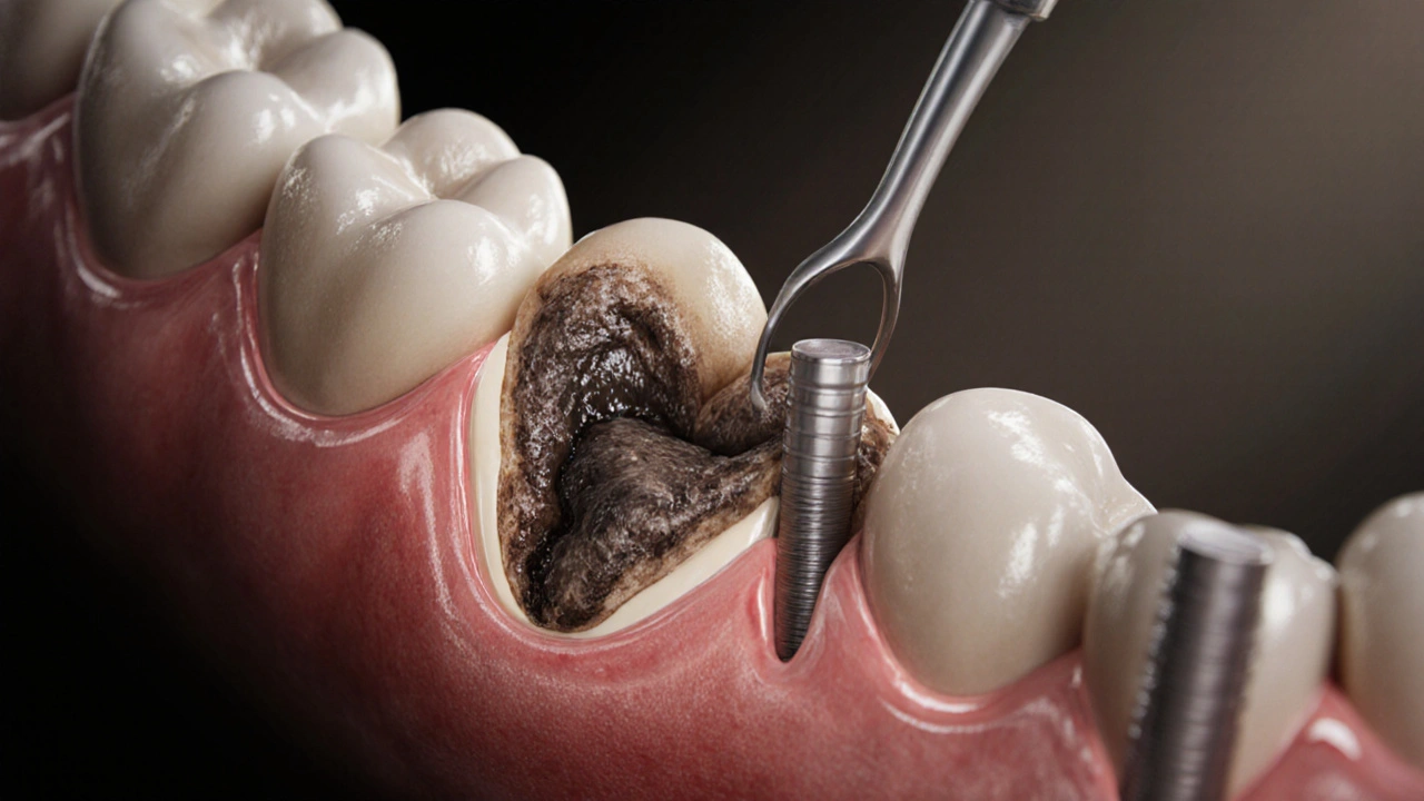 Příčný řez zubem s odstraněnou pulpou a vyplněnými kořenovými kanálky gutaperkou.