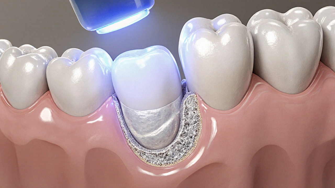 Příčný řez zubu s vrstvami kompozitní plomby přilnavě spojenými se sklovinnou hmotou.