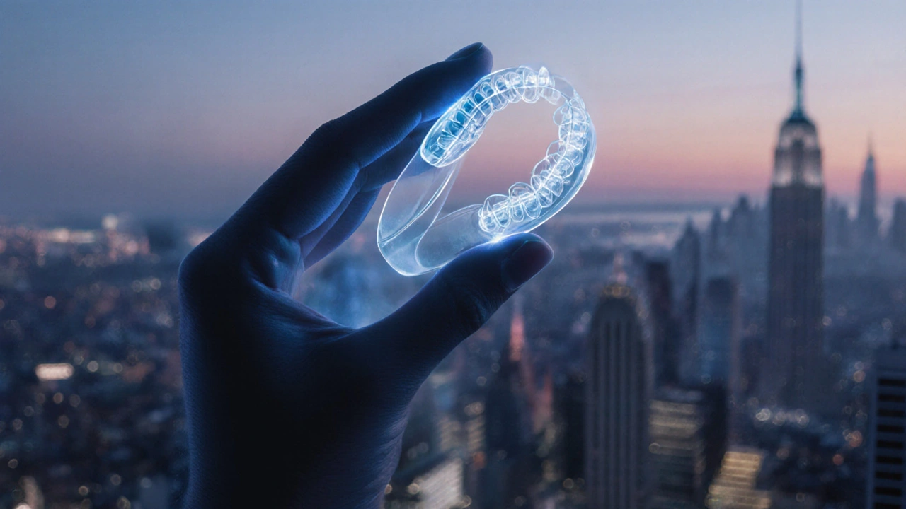 Průhledný držák na zuby v ruce s měkkým zářivým pozadím města.