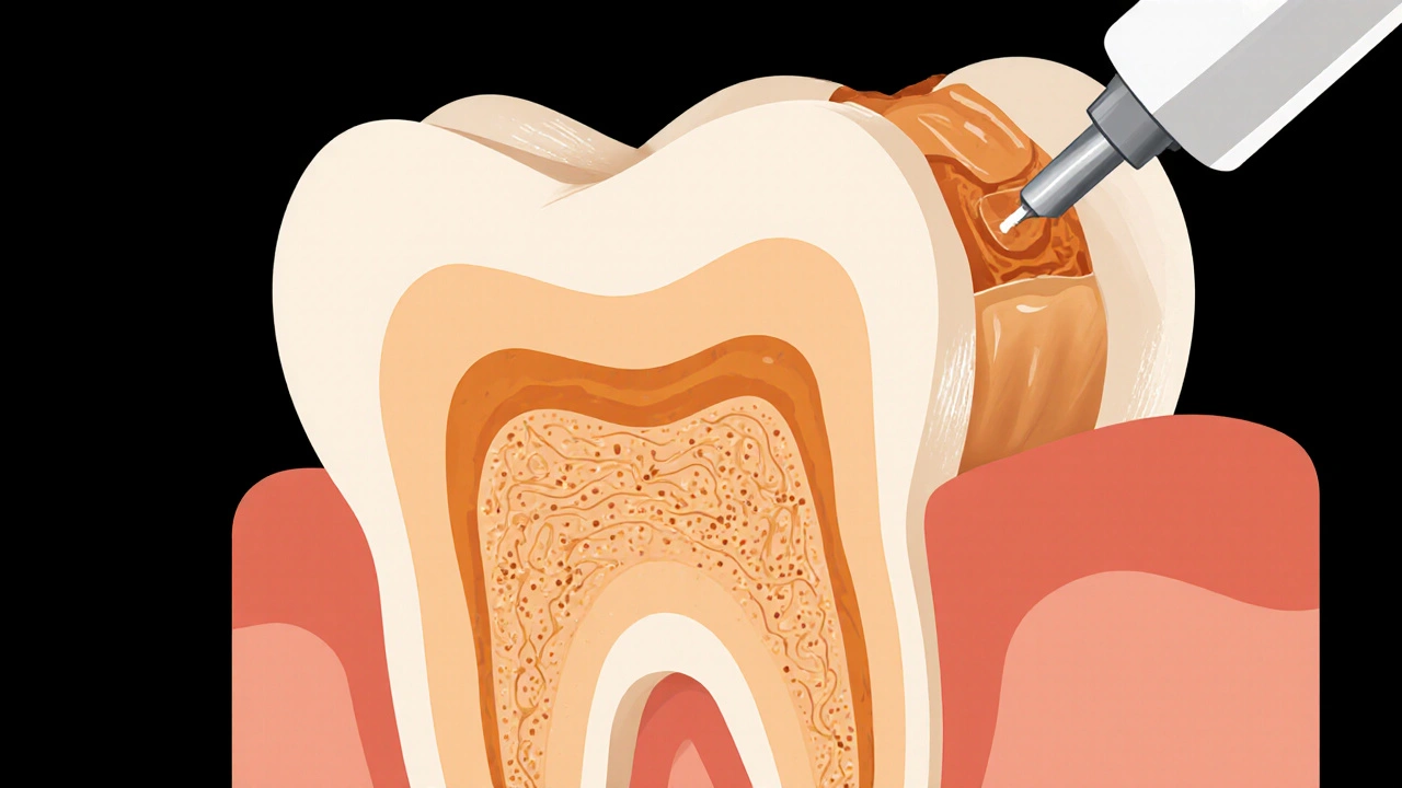 Průřez zubu ukazující odhalený dentin a aplikaci zubního laků.