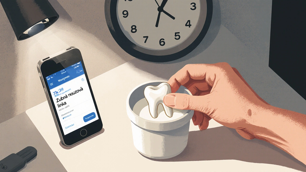 Ruka drží spadlý zub v mléce vedle telefonu s uloženým číslem zubní pohotovosti v noci.