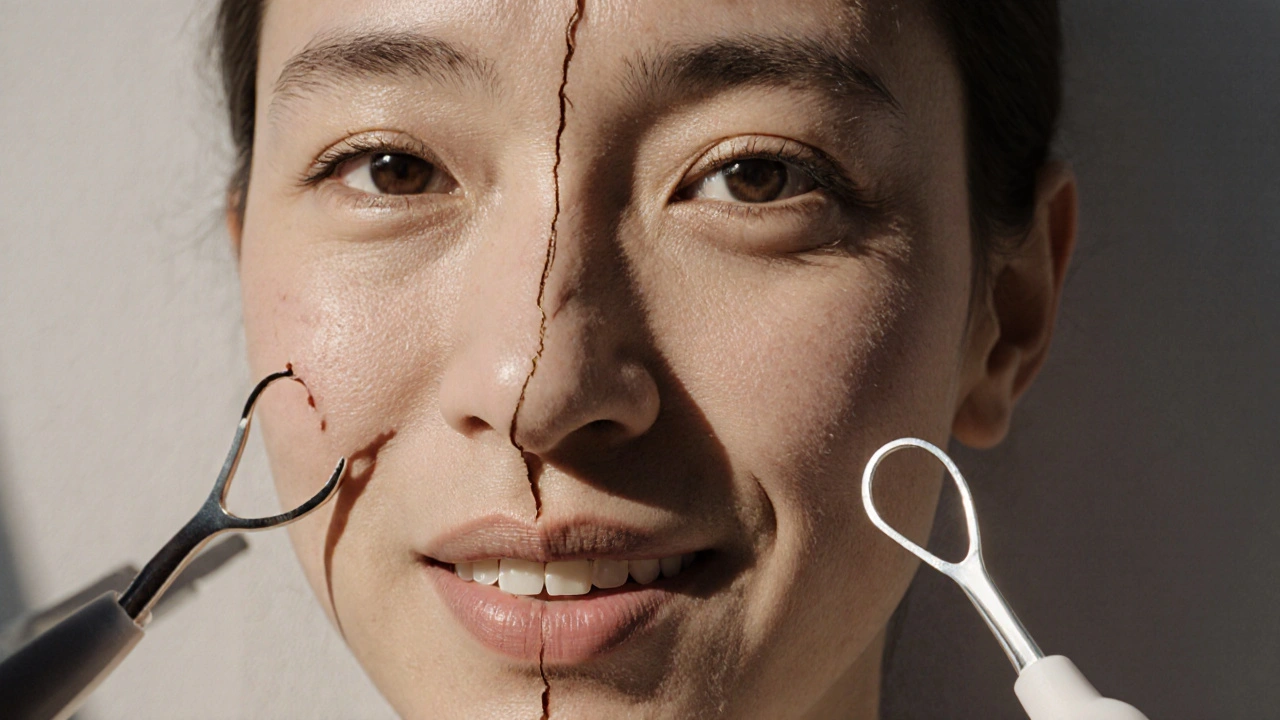 Side-by-side comparison of youthful face versus face aged by gum disease-related bone loss.