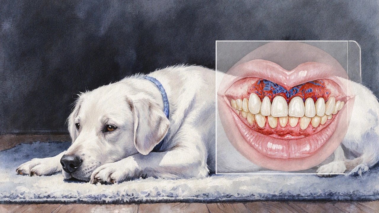 Skryté zubní problémy pod dásněmi psa: kámen a infekce kořene.