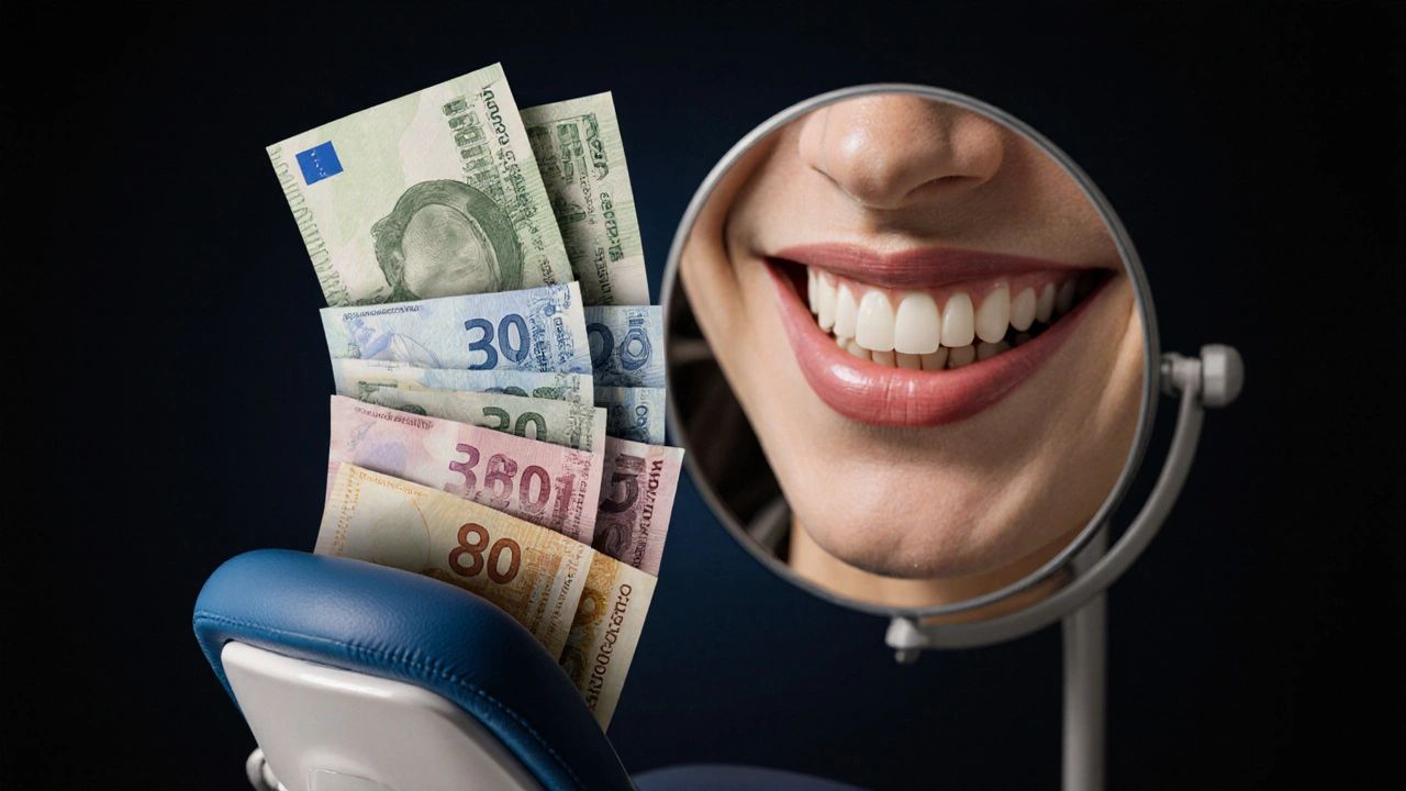 Stack of Czech banknotes transforming into layers of dental composite material with a glowing smile reflection.