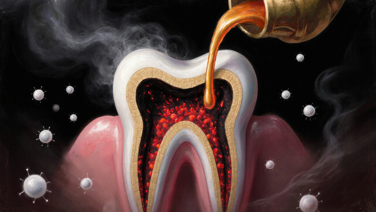 Symbolická představa zubu jako pevnosti, kde infekce je blokována zlatým materiálem.