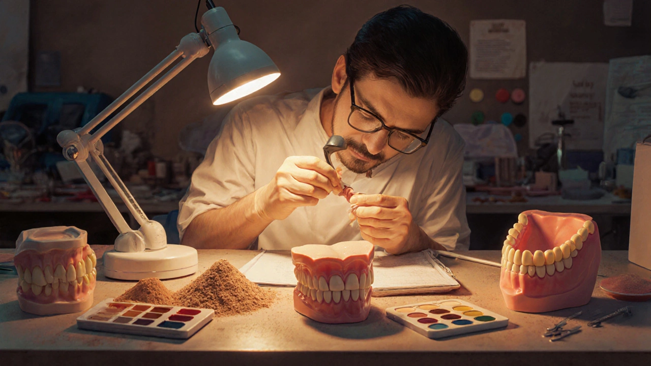 Technik v zubní laboratoři ručně tvaruje keramickou fazetu.